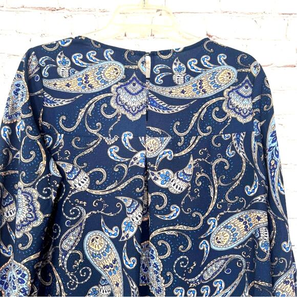 H&M Wms Blue Tan Paisley Shift Dress Size 10 Tie Knot Sleeve Knee Length Fall - Picture 4 of 9